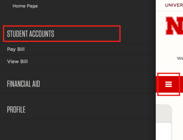 Mobile screenshot showing the location of Student Accounts tab in the navigation slide-out drawer