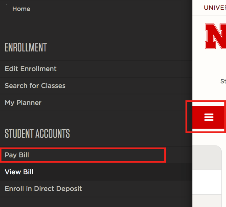 Mobile screenshot showing the location of Pay Bill link in the navigation slide-out drawer