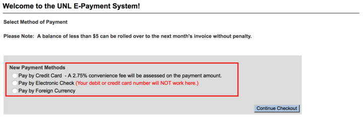 Screenshot showing list of available payment methods to choose from